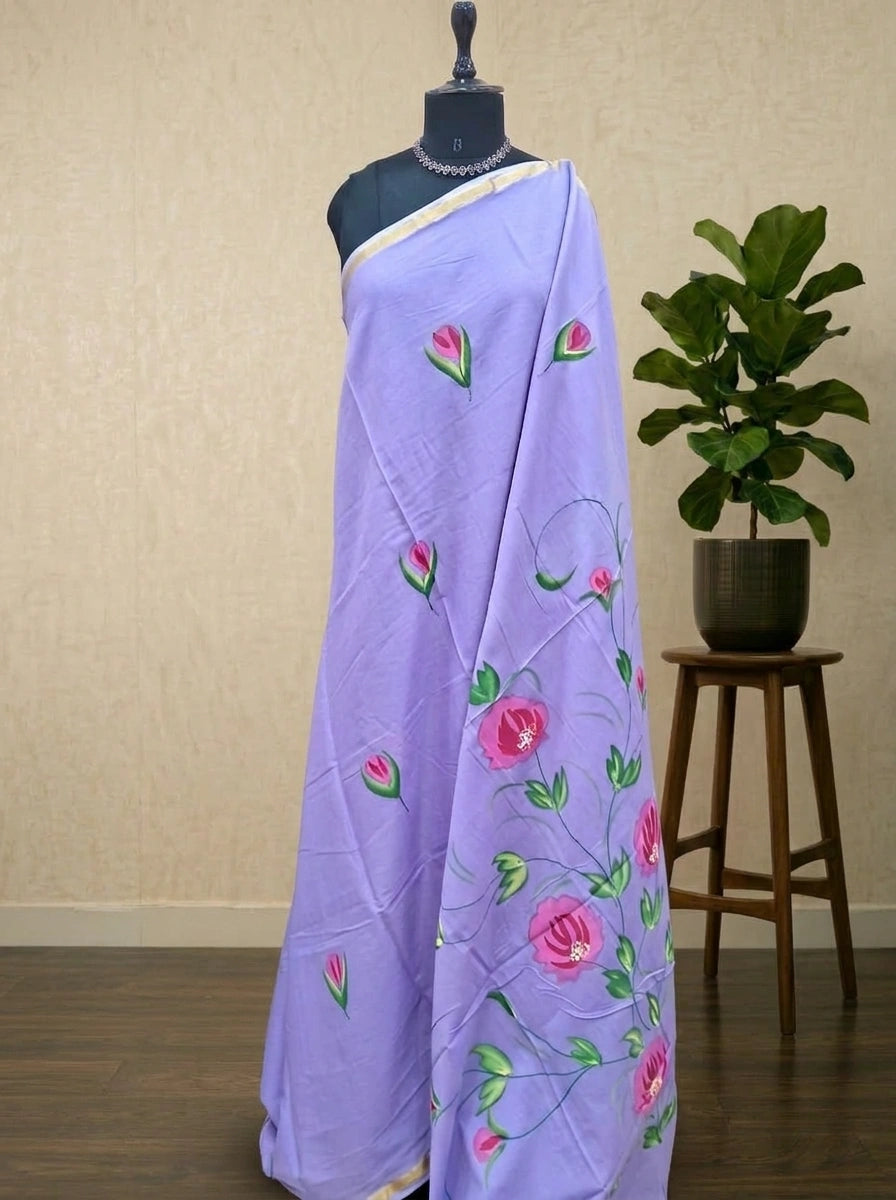 Lavender mulmul zari cotton saree