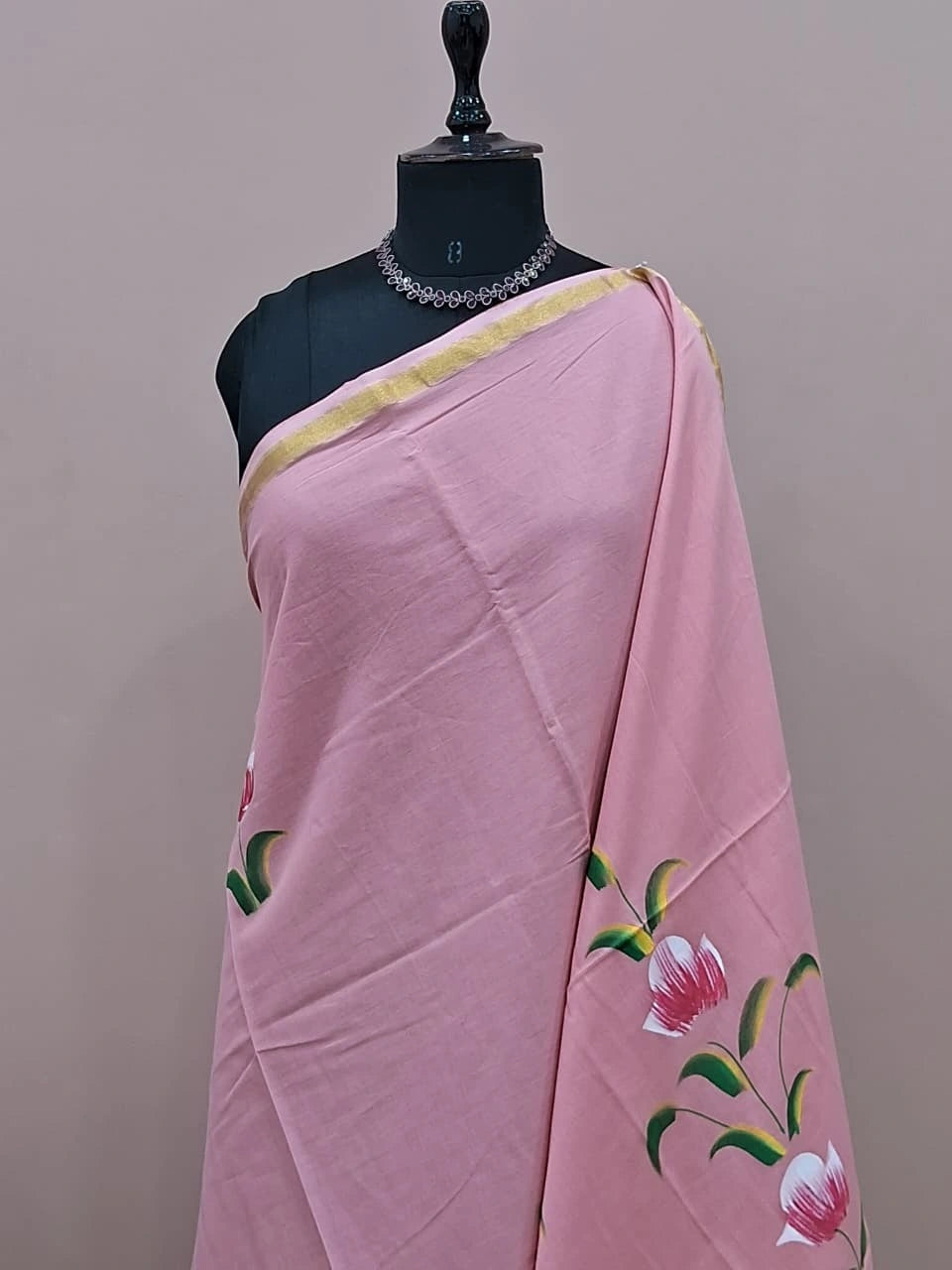 Light peach mulmul zari cotton saree 1