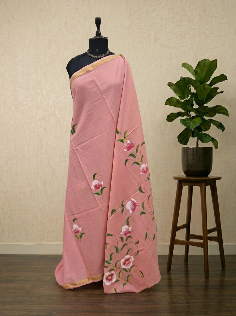 Light peach mulmul zari cotton saree