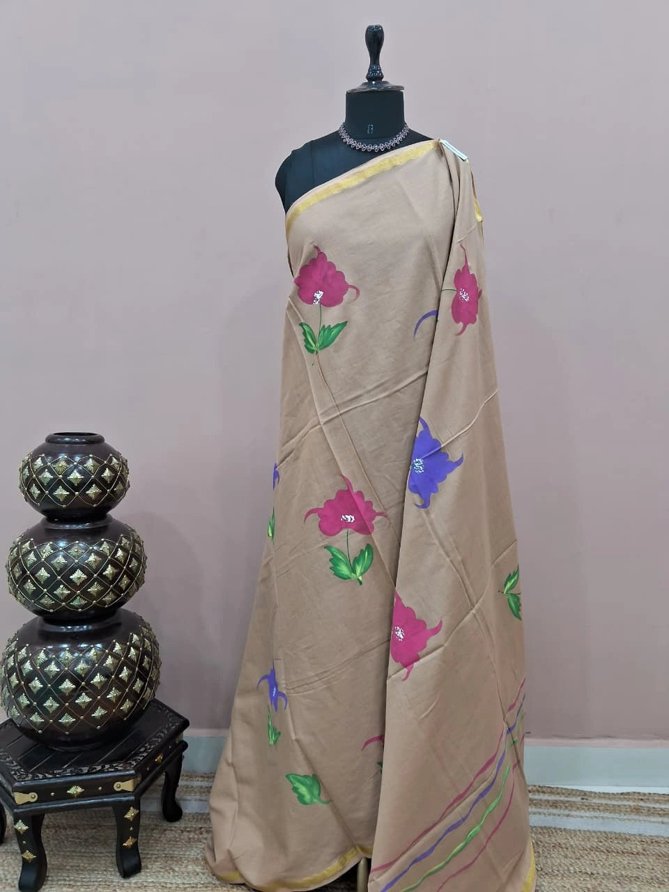 Beige Mulmul Zari Cotton Saree 