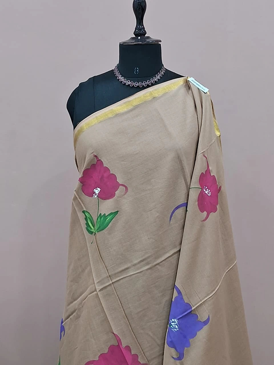 Beige Mulmul Zari Cotton Saree 1