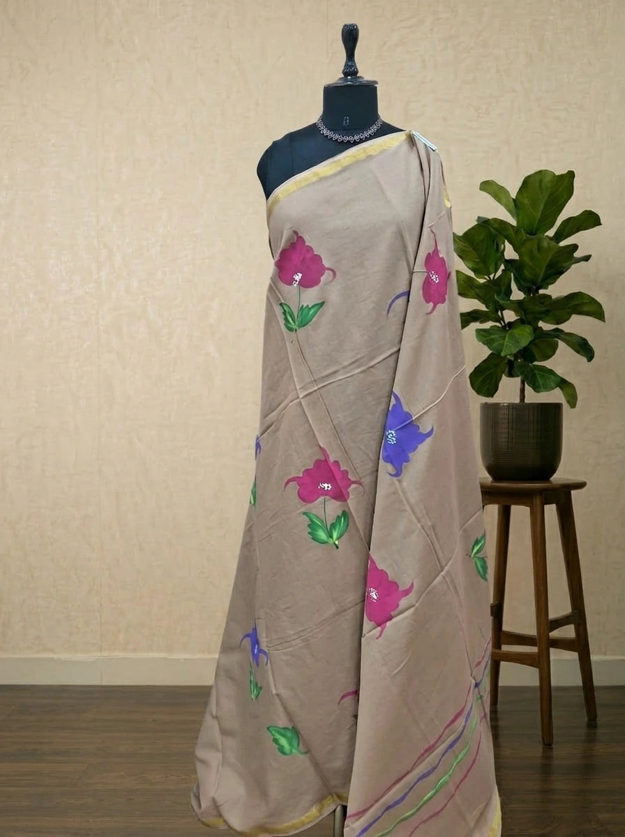 Beige Mulmul Zari Cotton Saree