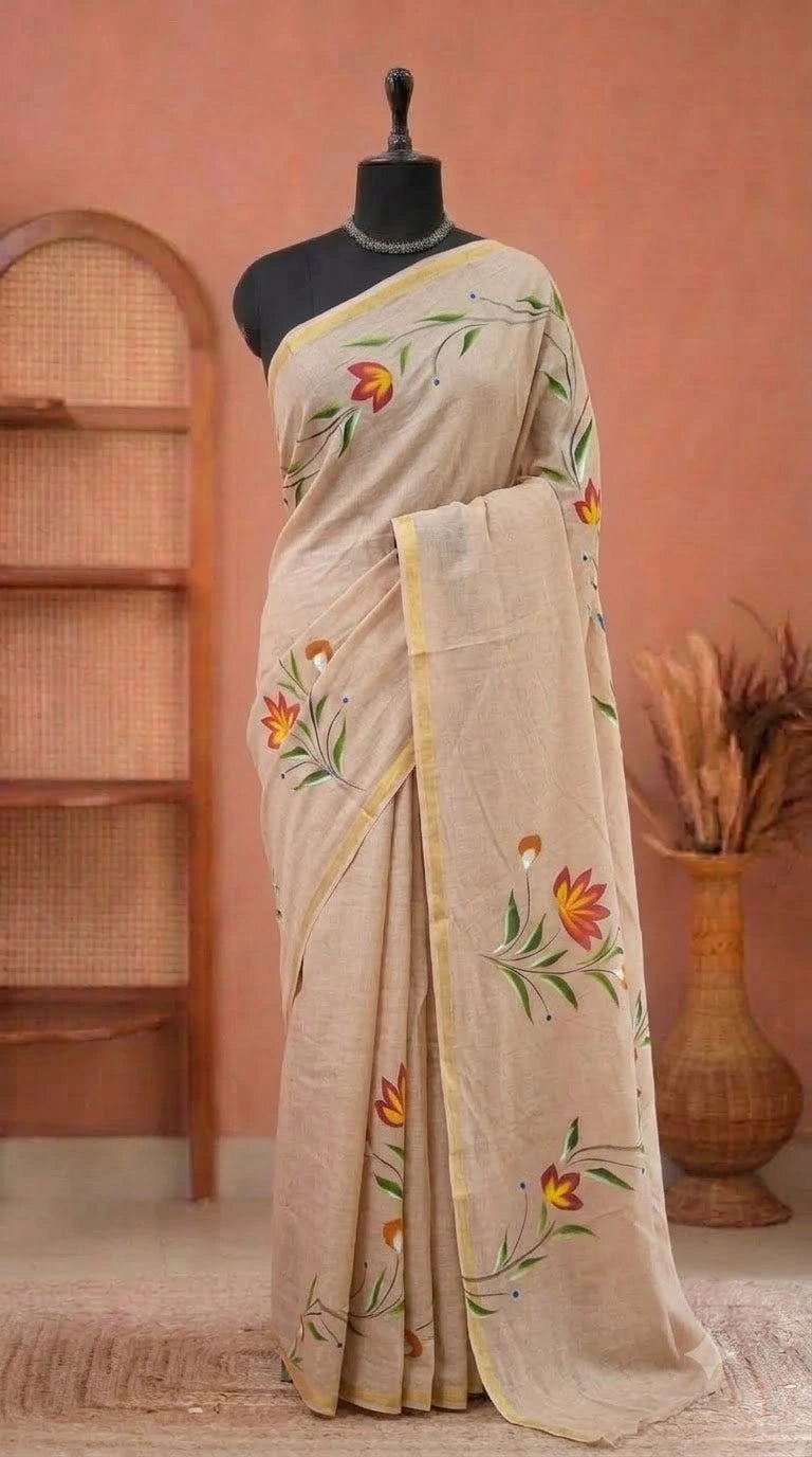 Beige Mulmul Zari Cotton Saree