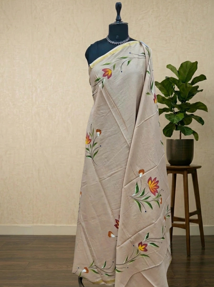 Beige Mulmul Zari Cotton Saree