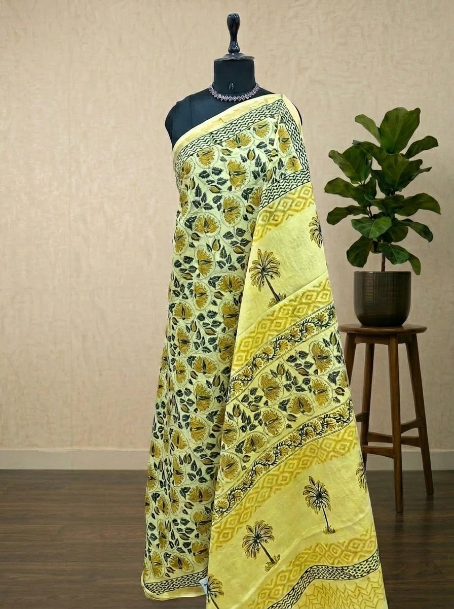 Light Yellow Mulmul Zari Cotton Saree