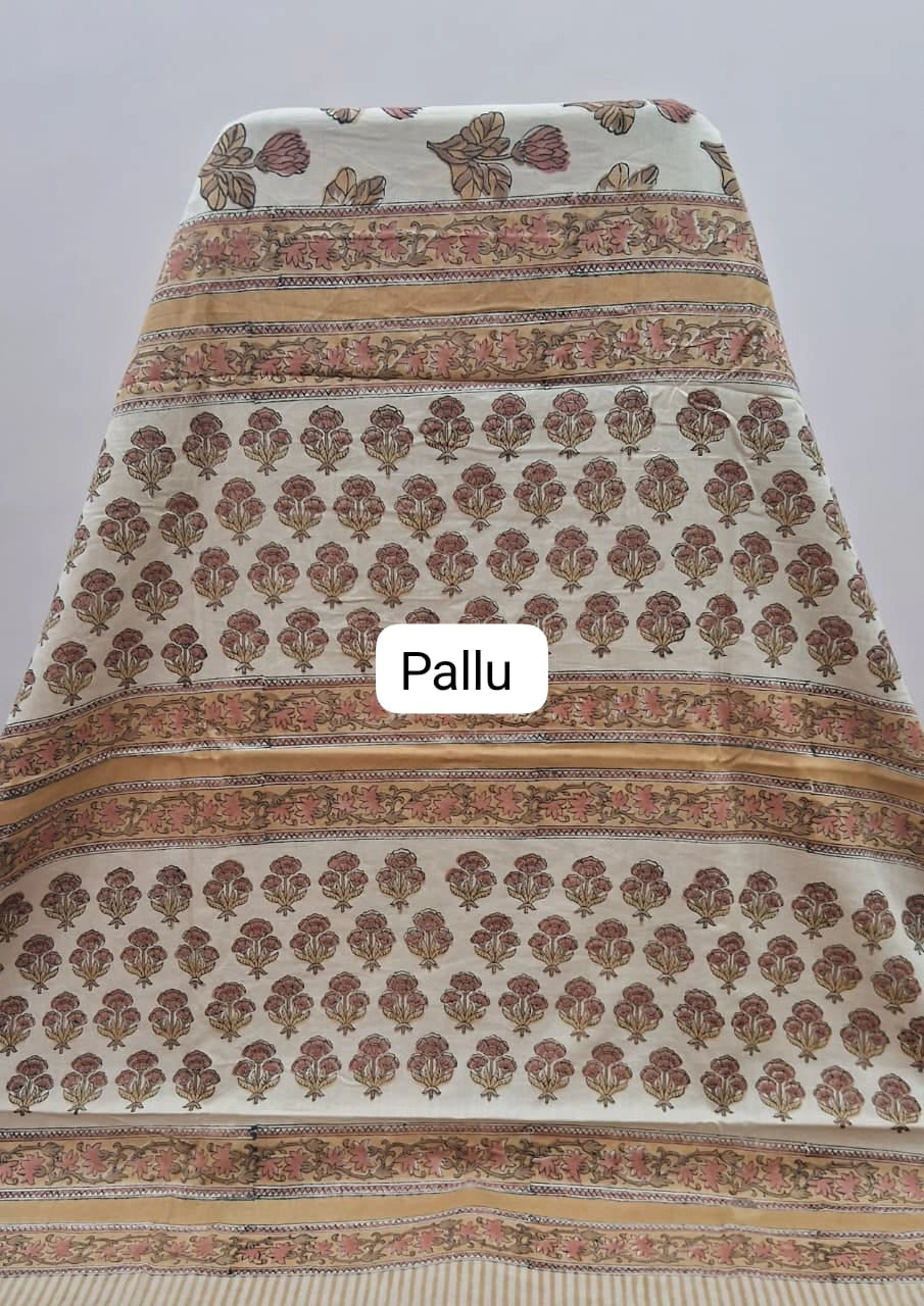 Beige Mulmul Zari Cotton Saree pallu