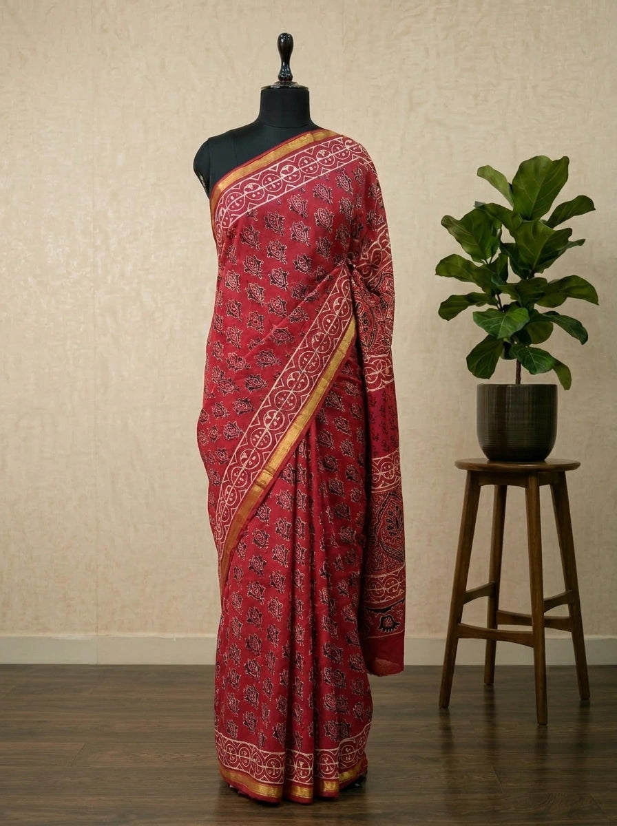 Red Mulmul Zari Cotton Saree