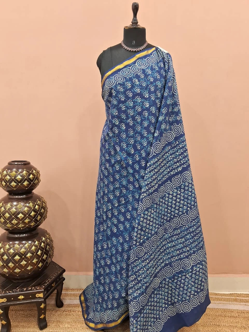 Indigo Blue Mulmul Zari Cotton Saree 