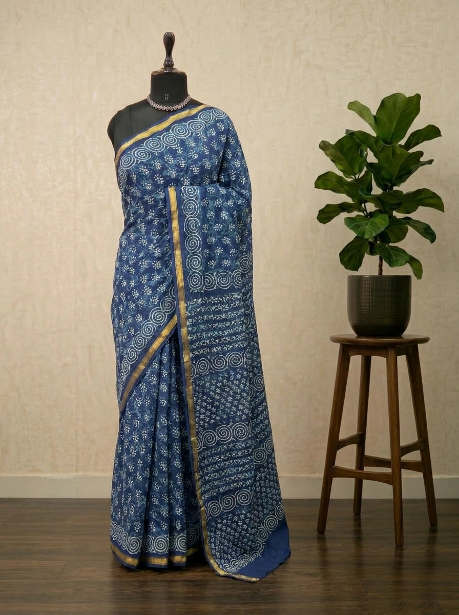 Indigo Blue Mulmul Zari Cotton Saree