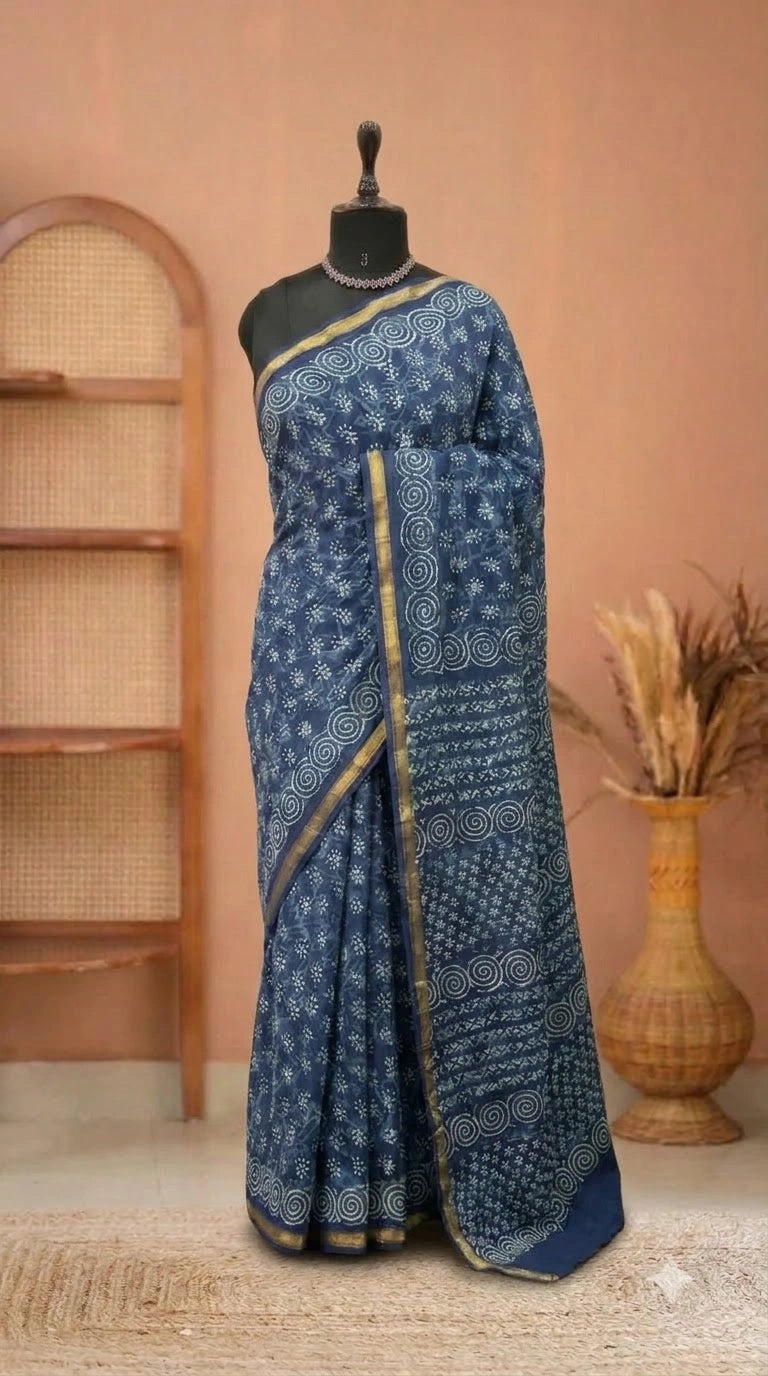 Indigo Blue Mulmul Zari Cotton Saree