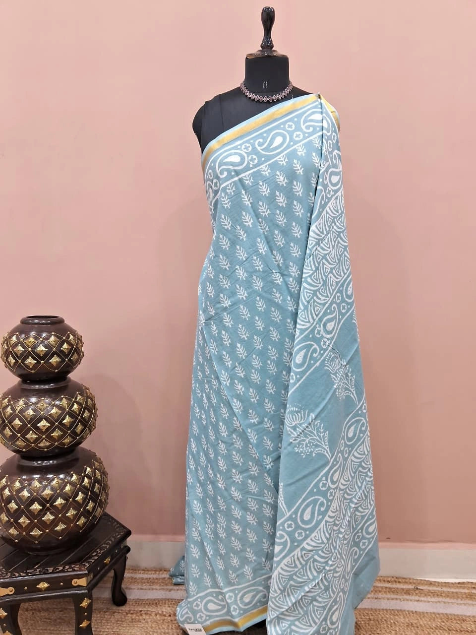Baby Blue Mulmul Zari Cotton Saree 