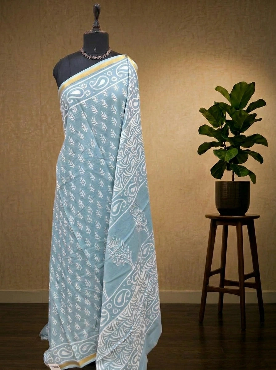 Baby Blue Mulmul Zari Cotton Saree