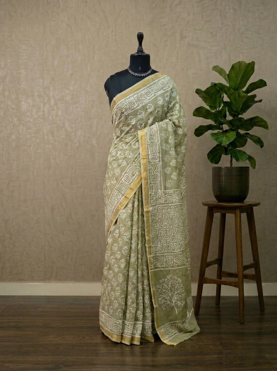 Sea Spray Green Mulmul Zari Cotton Saree