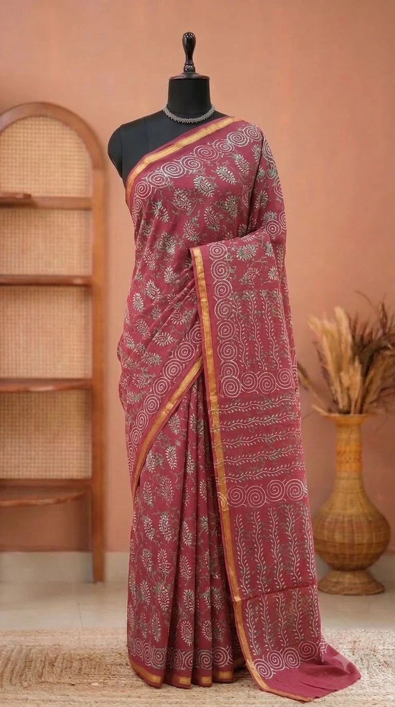 Maroon Mulmul Zari Cotton Saree 