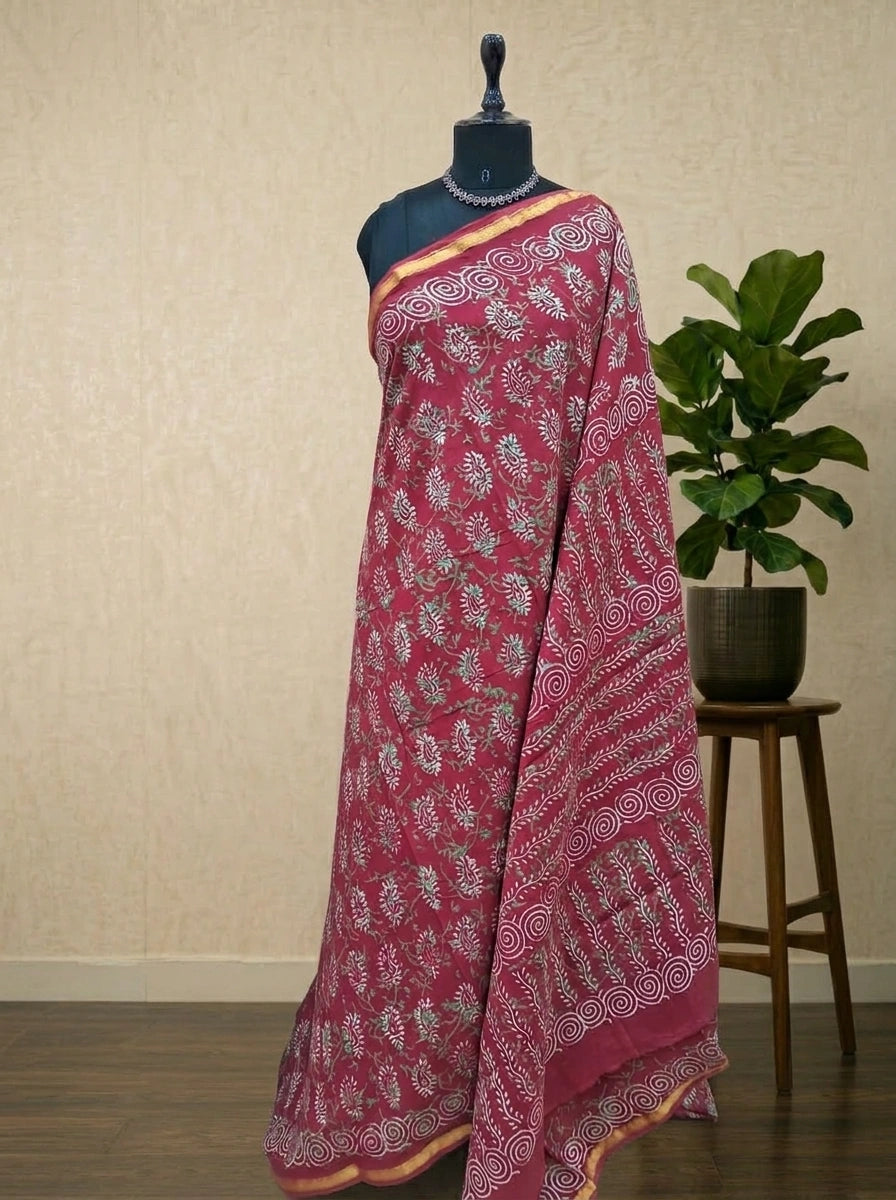 Maroon Mulmul Zari Cotton Saree