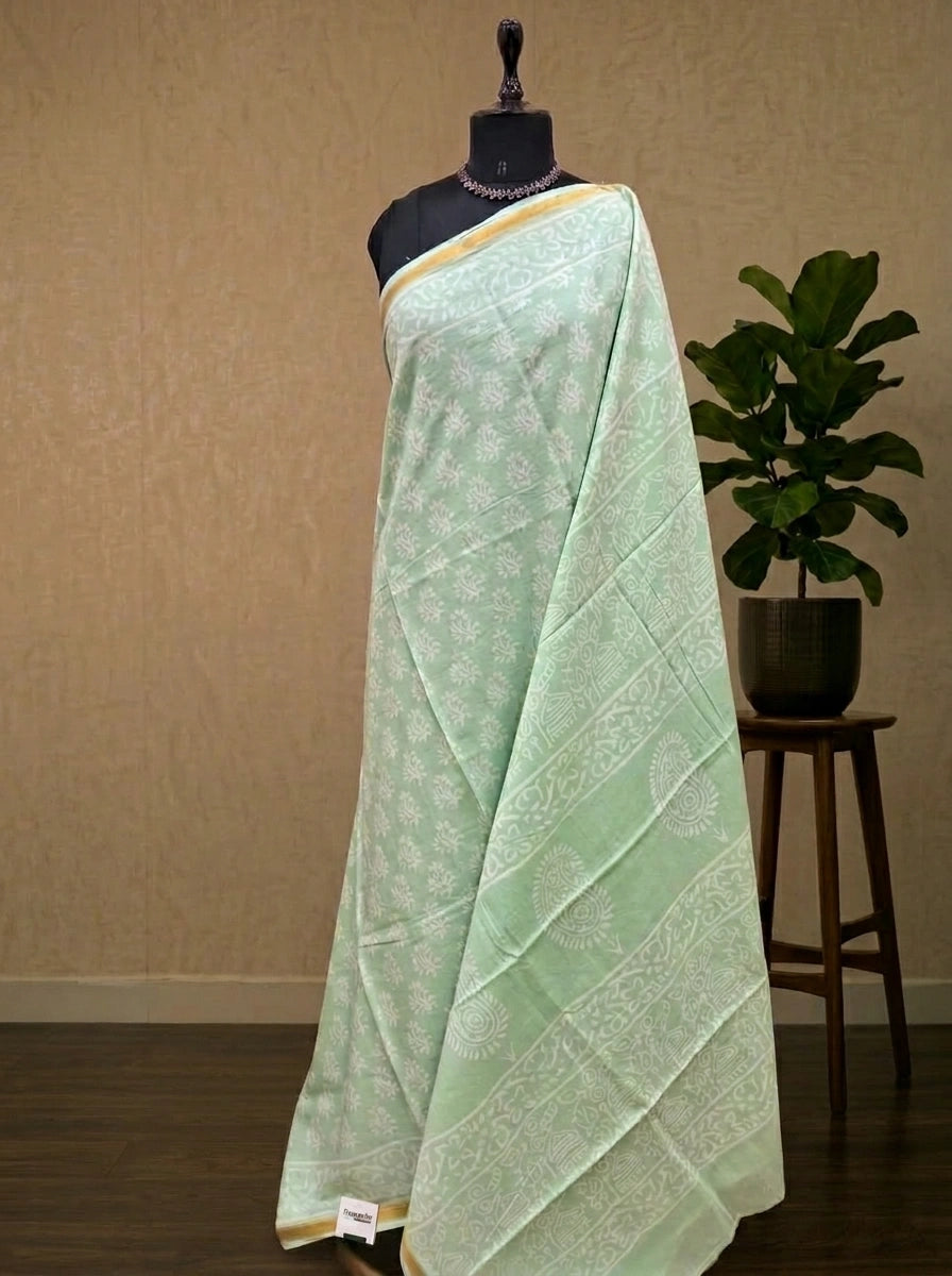 Mint Green Mulmul Zari Cotton Saree