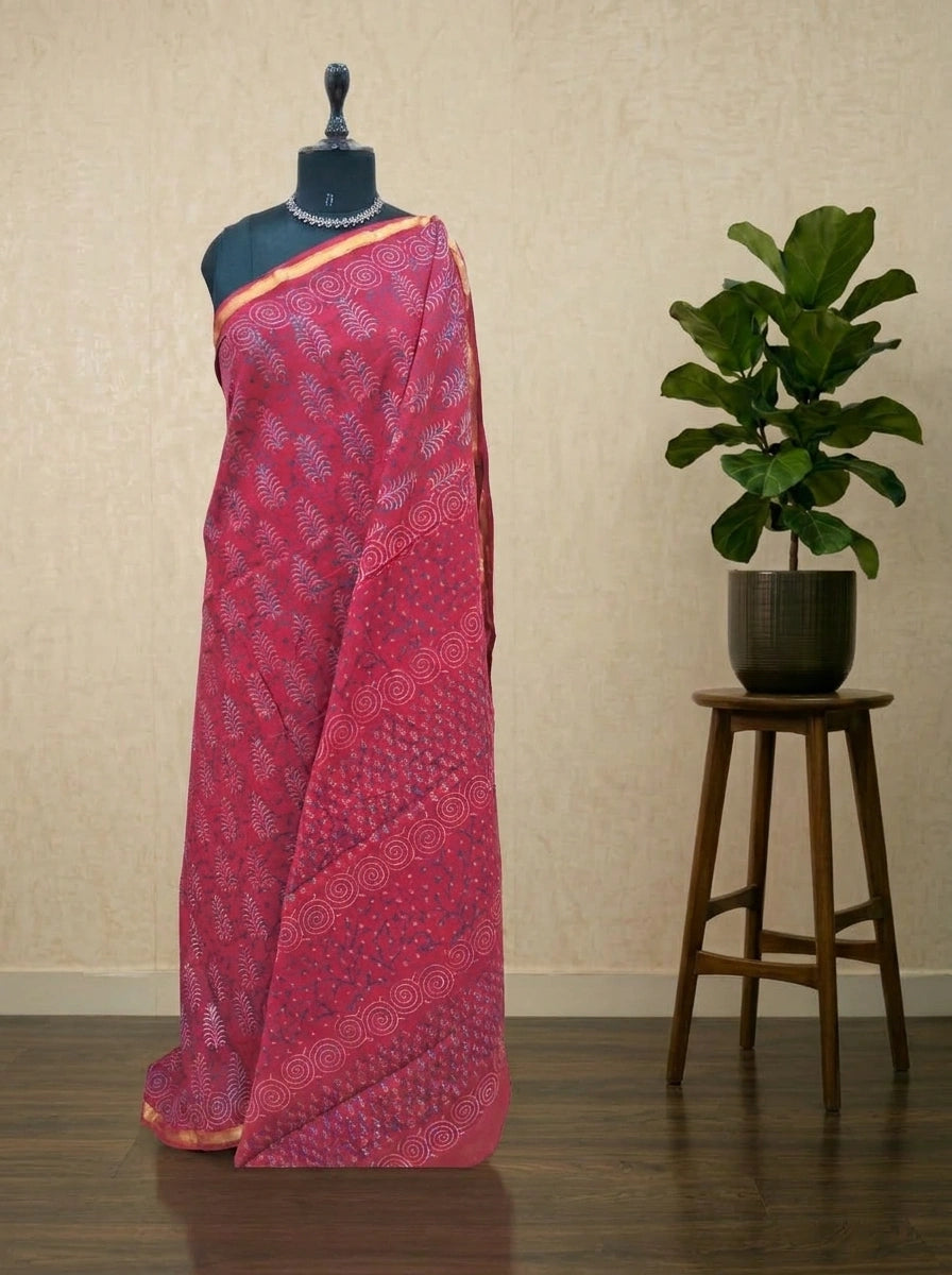 Red Mulmul Zari Cotton Saree