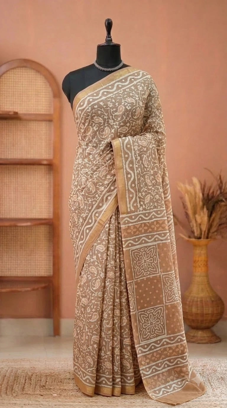 Brown Mulmul Zari Cotton Saree 