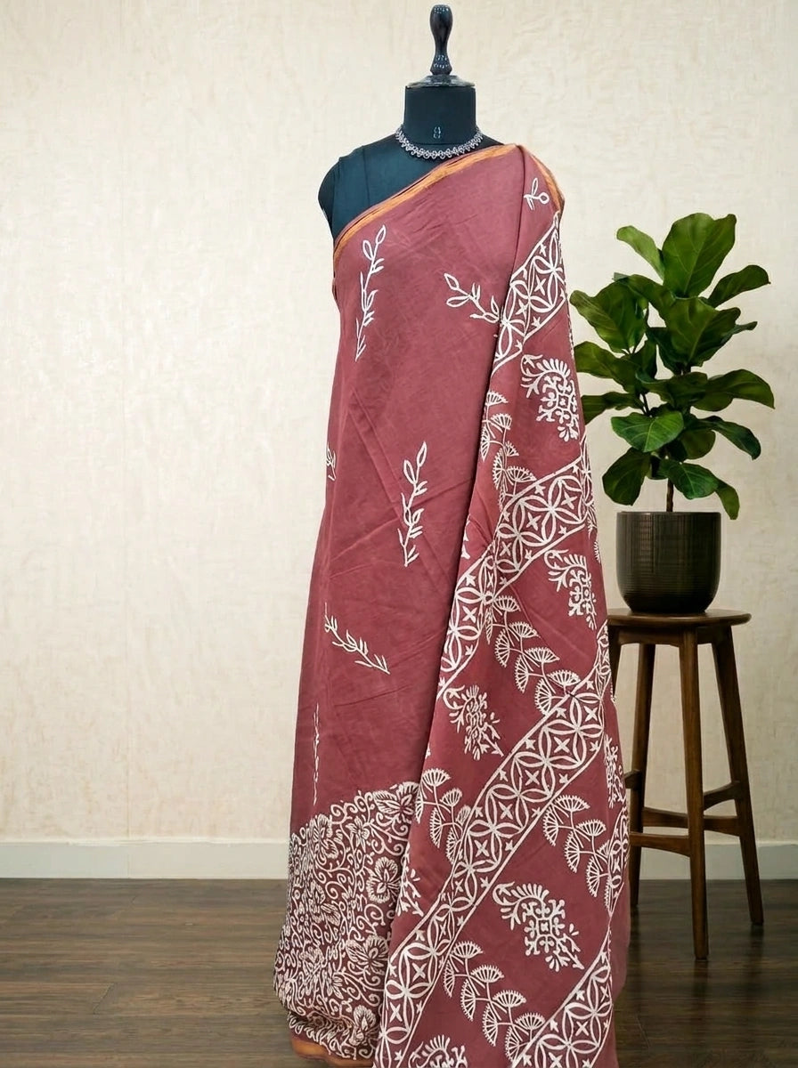 Chocolate Brown Mulmul Zari Cotton Saree