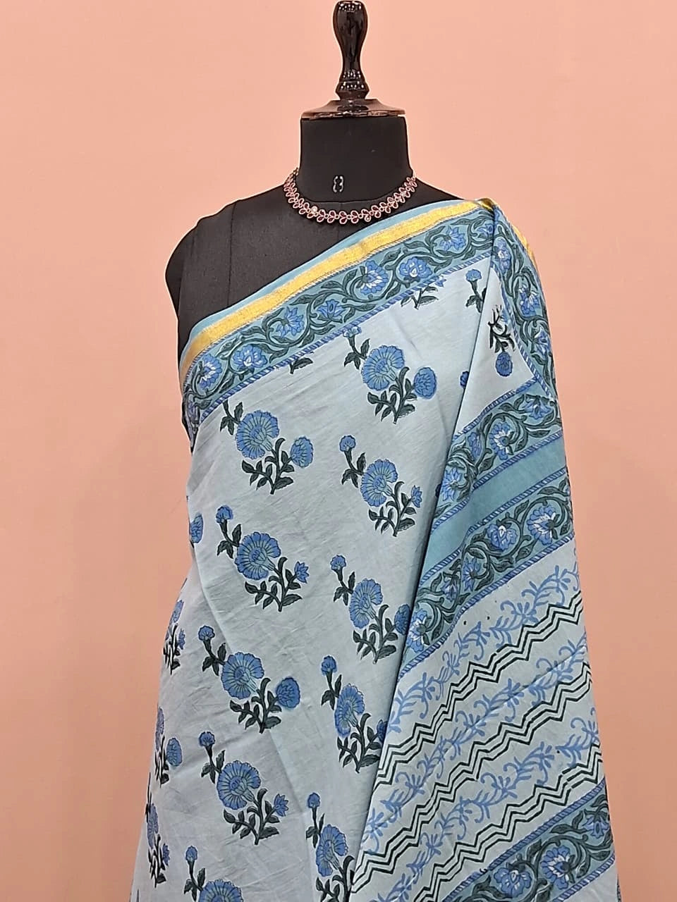Baby Blue Mulmul Zari Cotton Saree 1