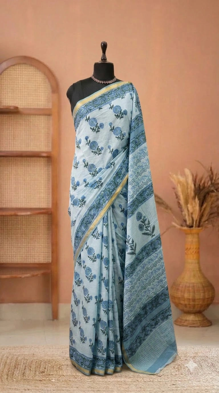 Baby Blue Mulmul Zari Cotton Saree 