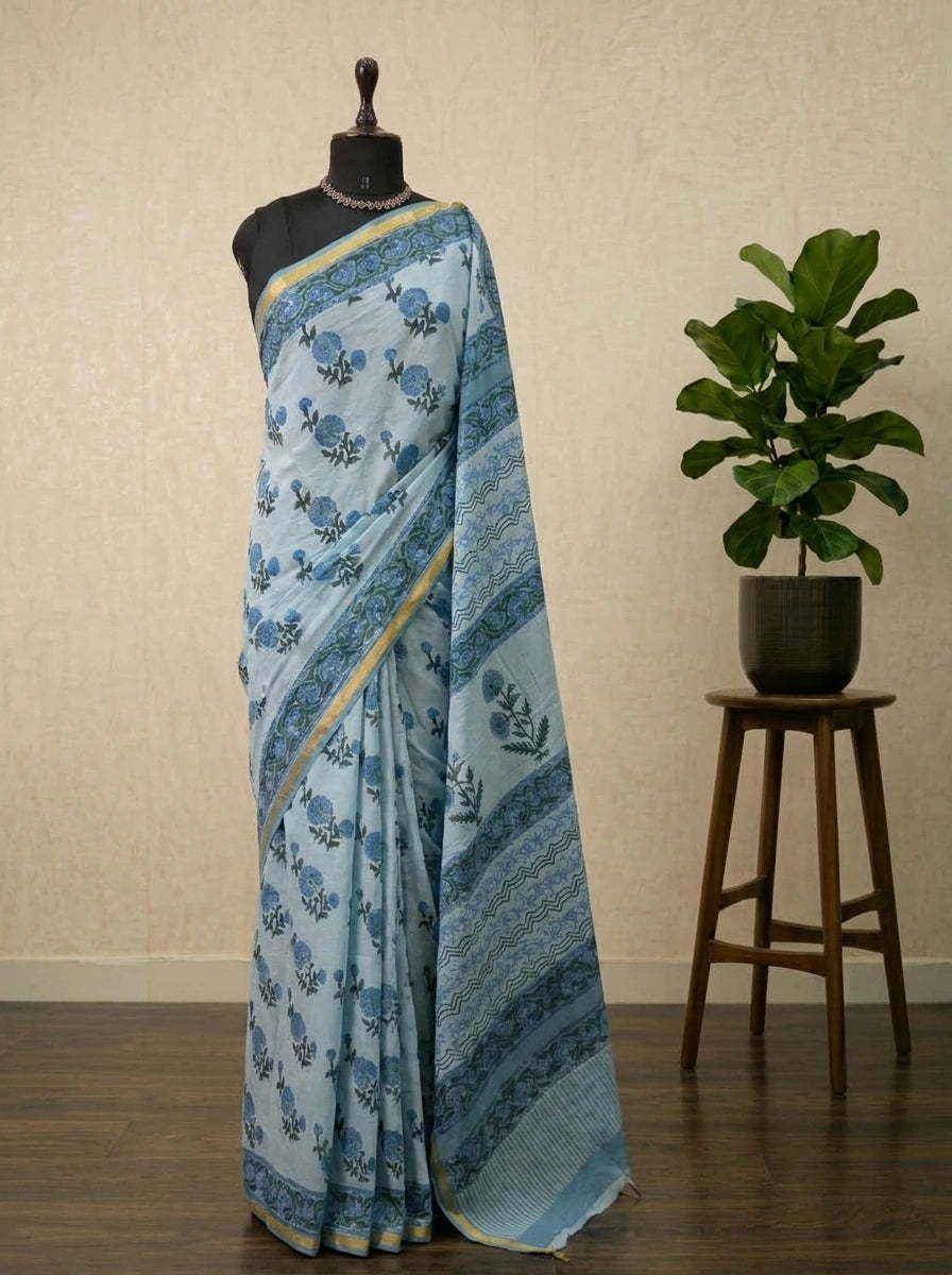 Baby Blue Mulmul Zari Cotton Saree