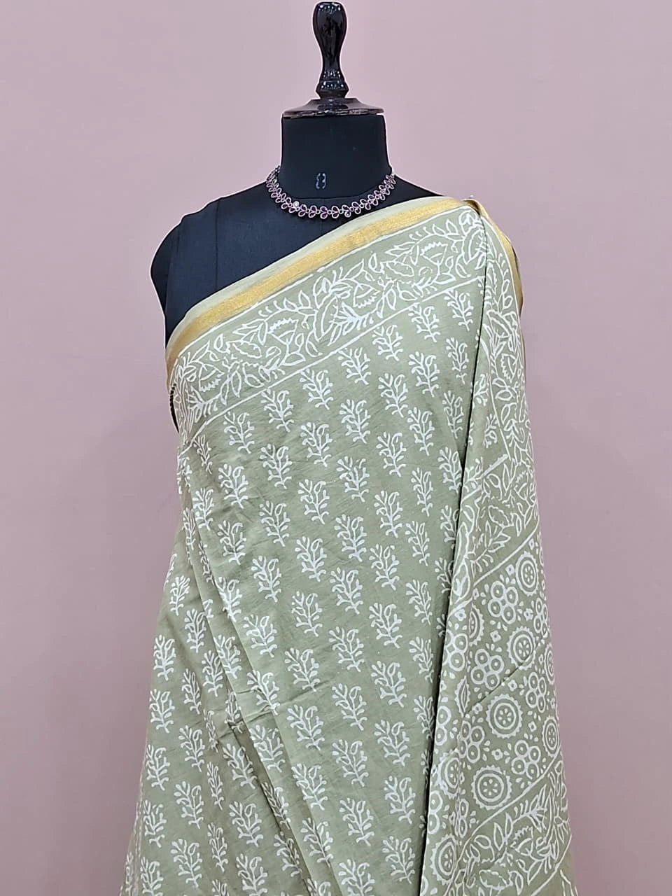 Sea Spray Green Mulmul Zari Cotton Saree 1