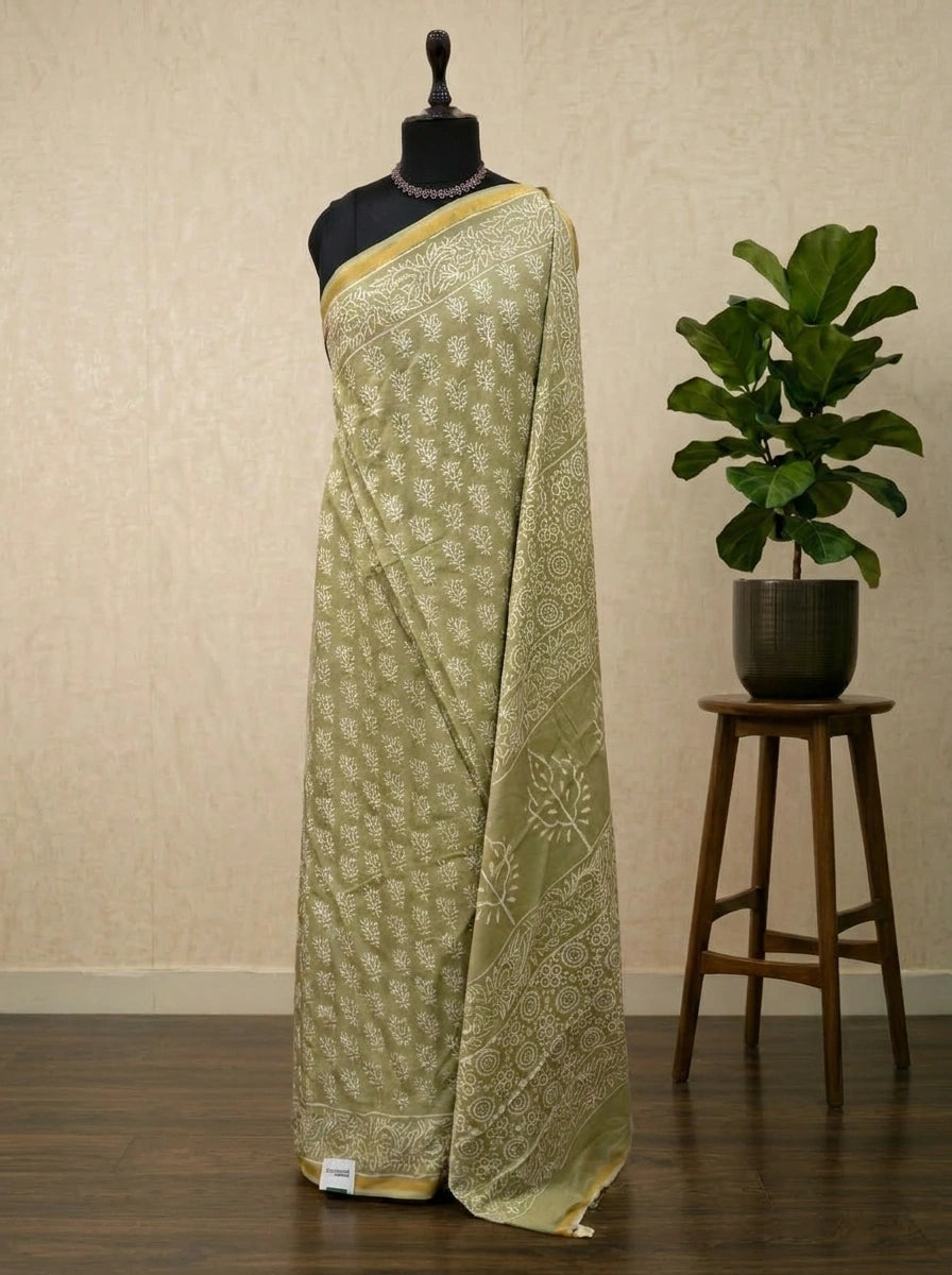 Sea Spray Green Mulmul Zari Cotton Saree