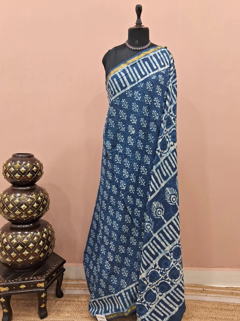 Indigo Blue Mulmul Zari Cotton Saree 