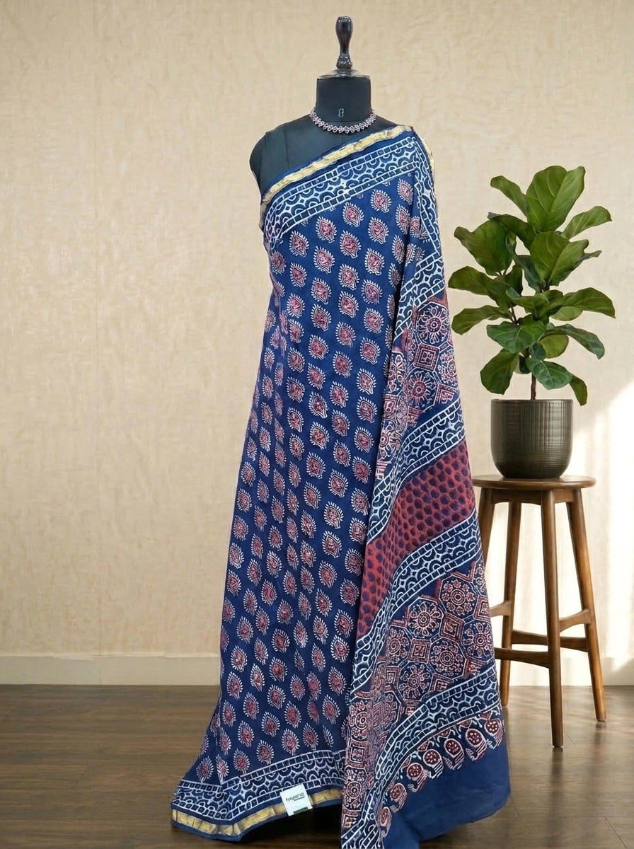 Blue mulmul zari cotton saree