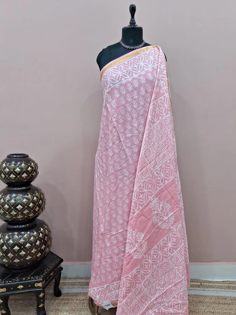 A light peach mulmul zari cotton saree 