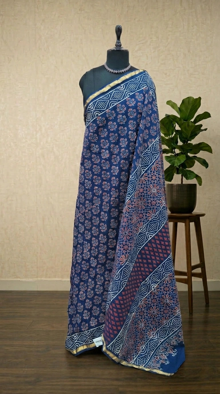 Navy blue mulmul zari cotton saree