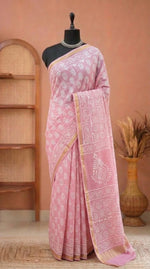 Light peach mulmul zari cotton saree