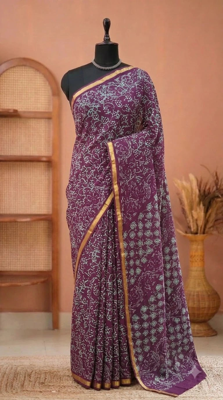 Wine mulmul zari cotton saree 