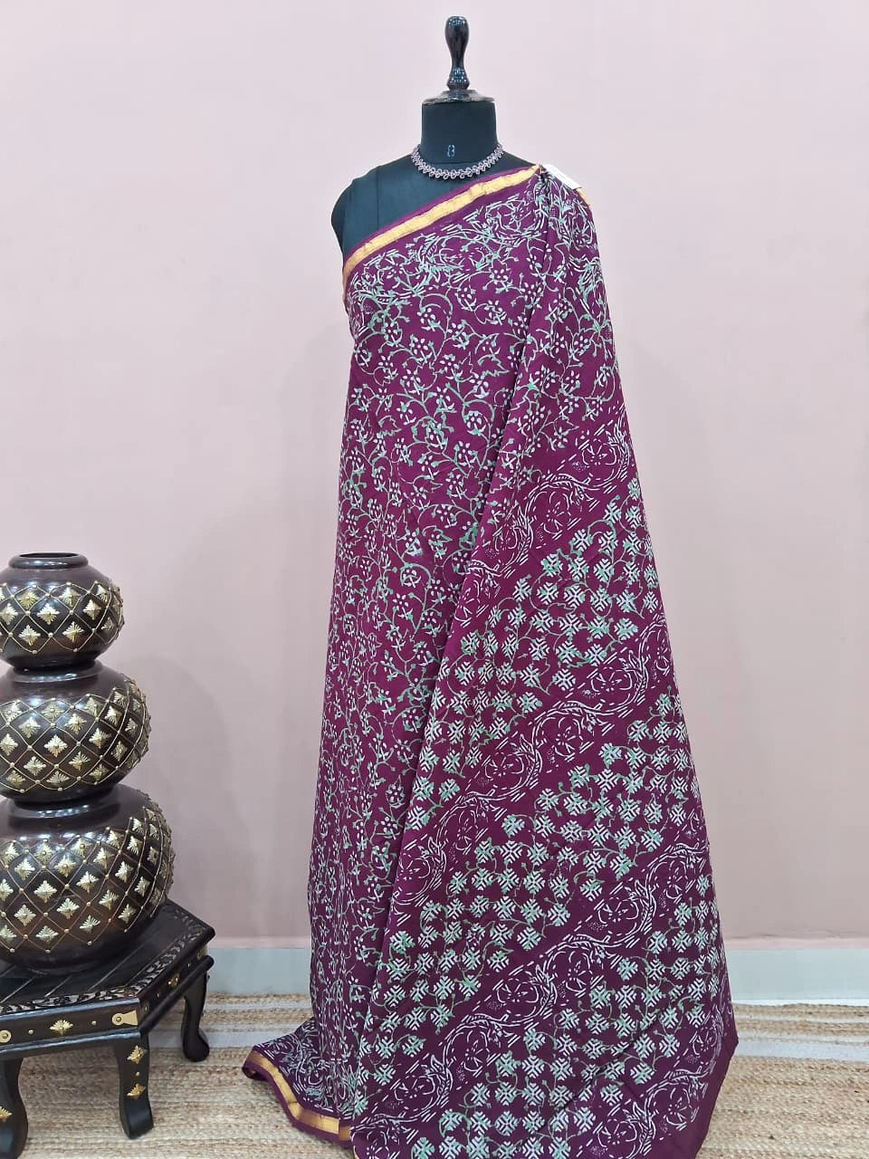 Wine mulmul zari cotton saree 