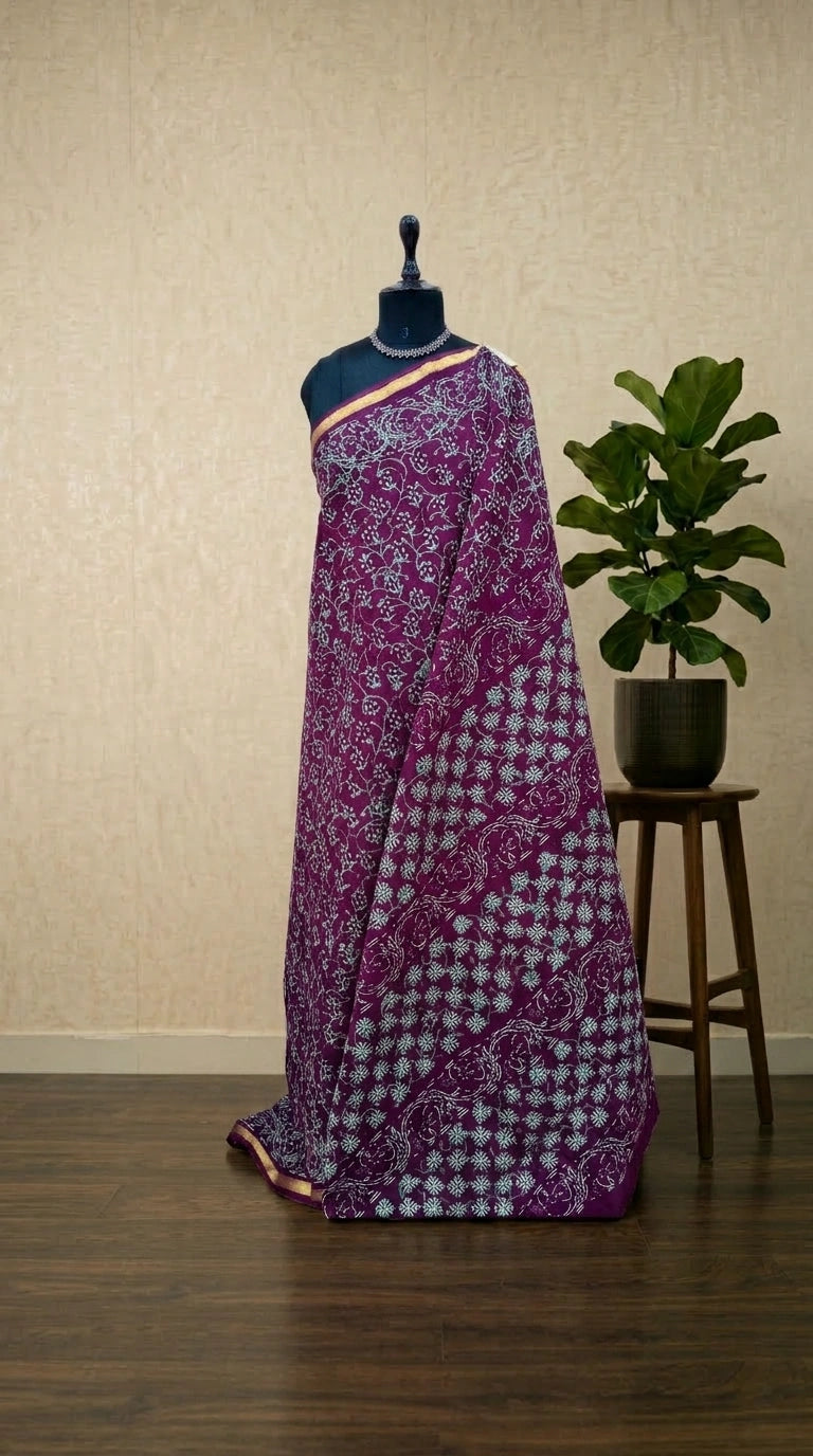 Wine mulmul zari cotton saree