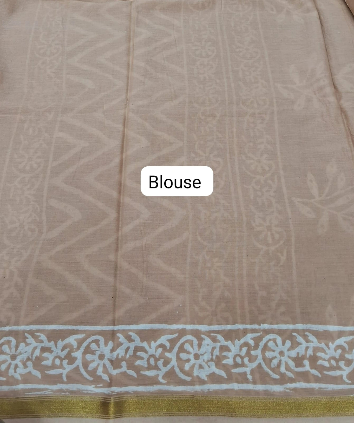 Beige mulmul zari cotton saree blouse