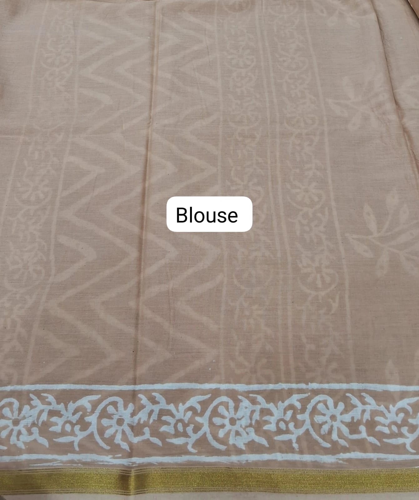 Beige mulmul zari cotton saree blouse