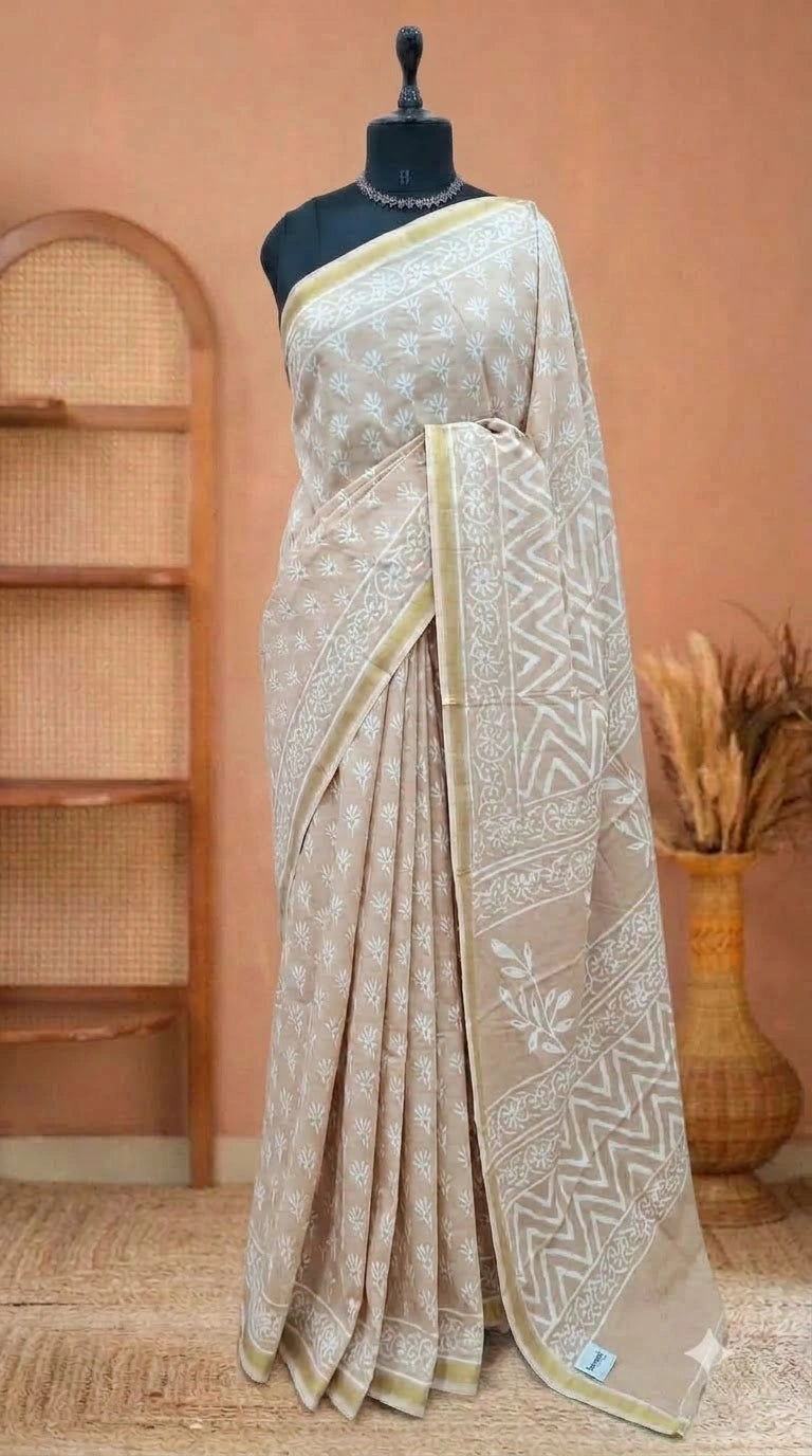 Beige mulmul zari cotton saree 