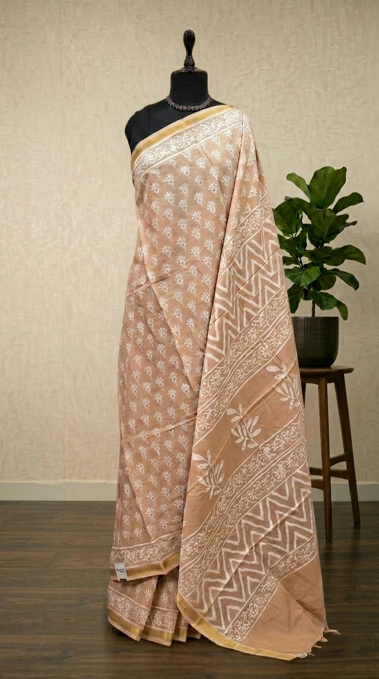 Beige mulmul zari cotton saree