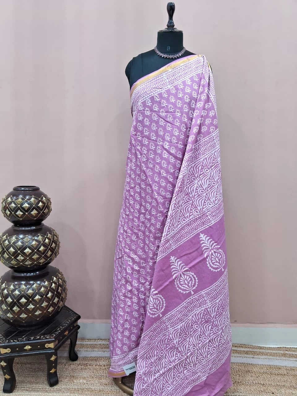 Lavender mulmul zari cotton saree 