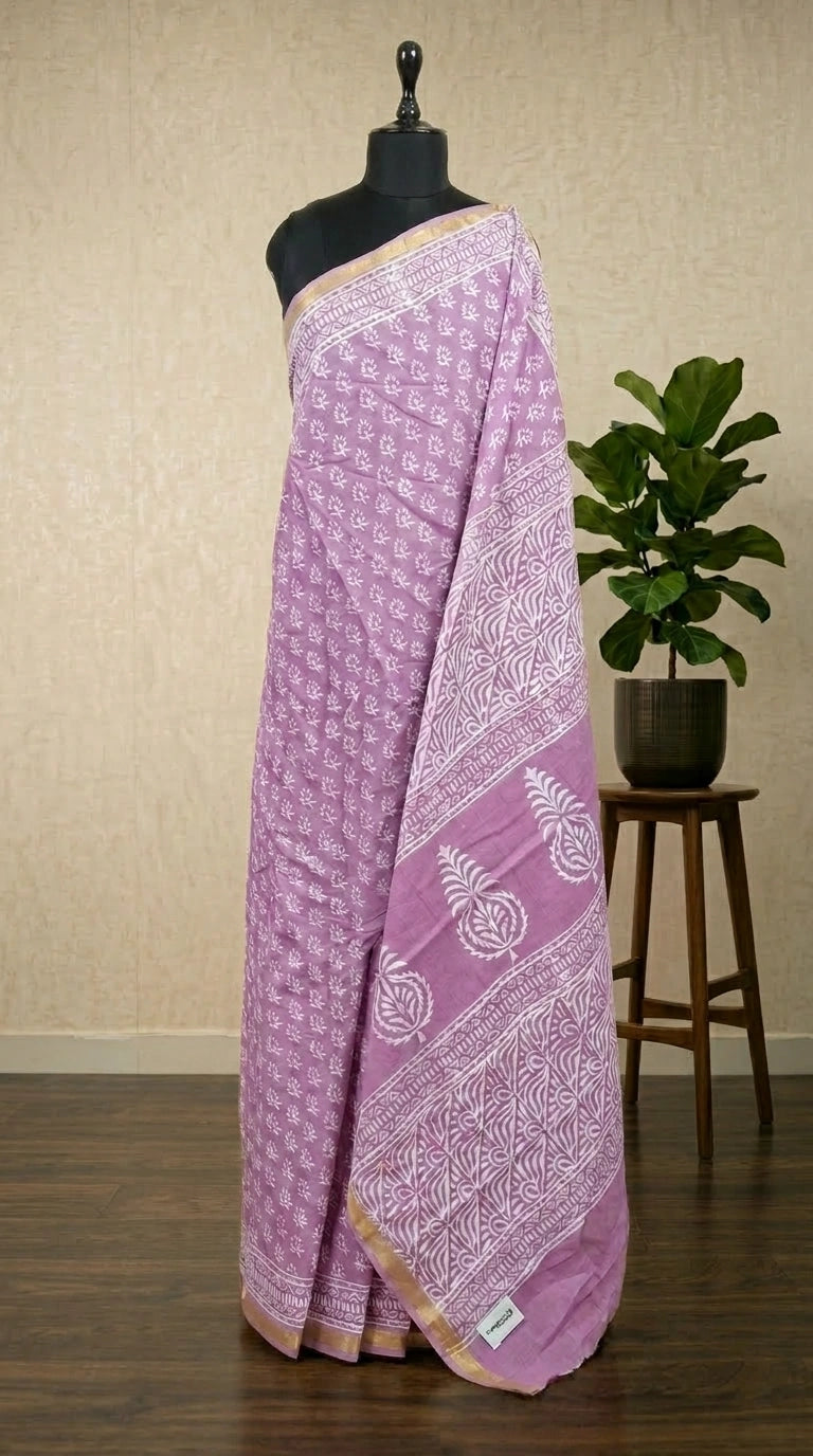 Lavender mulmul zari cotton saree