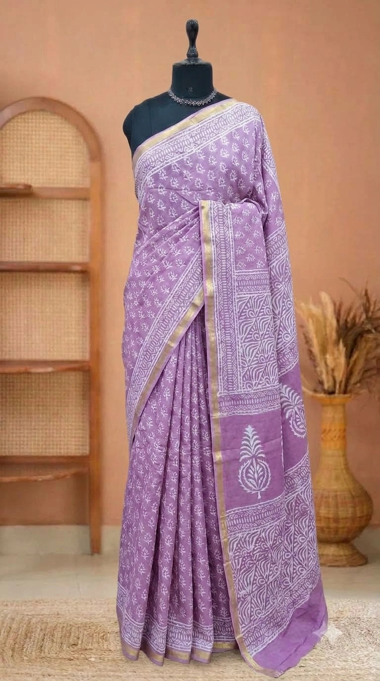 Lavender mulmul zari cotton saree 