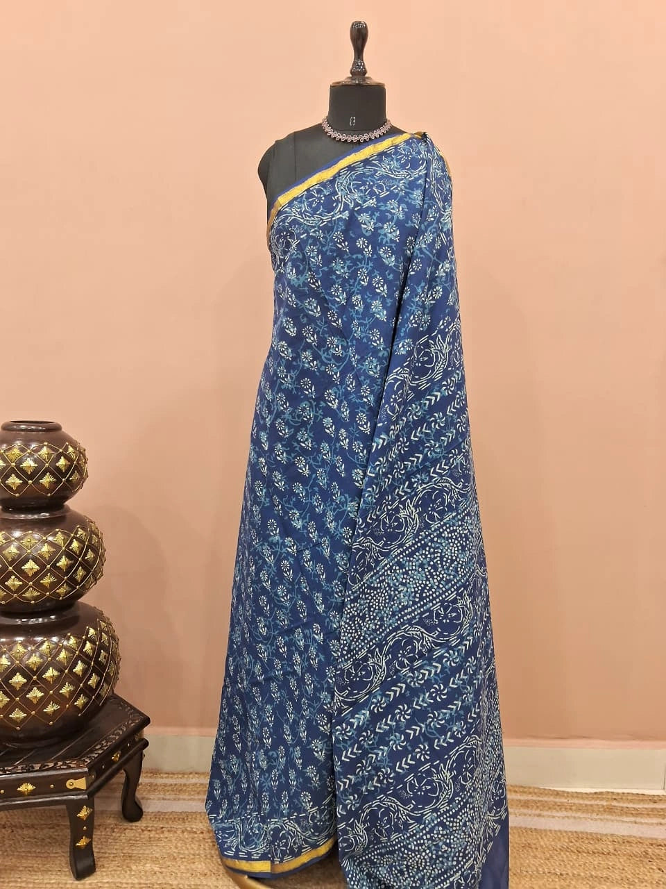 An indigo blue mulmul zari cotton saree 