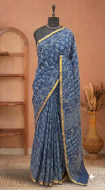 An indigo blue mulmul zari cotton saree 