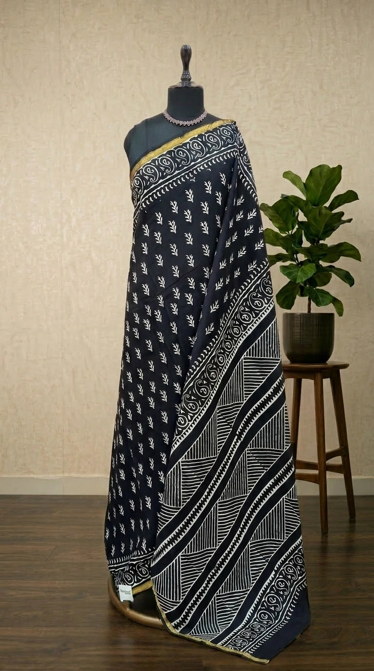 Black mulmul zari cotton saree