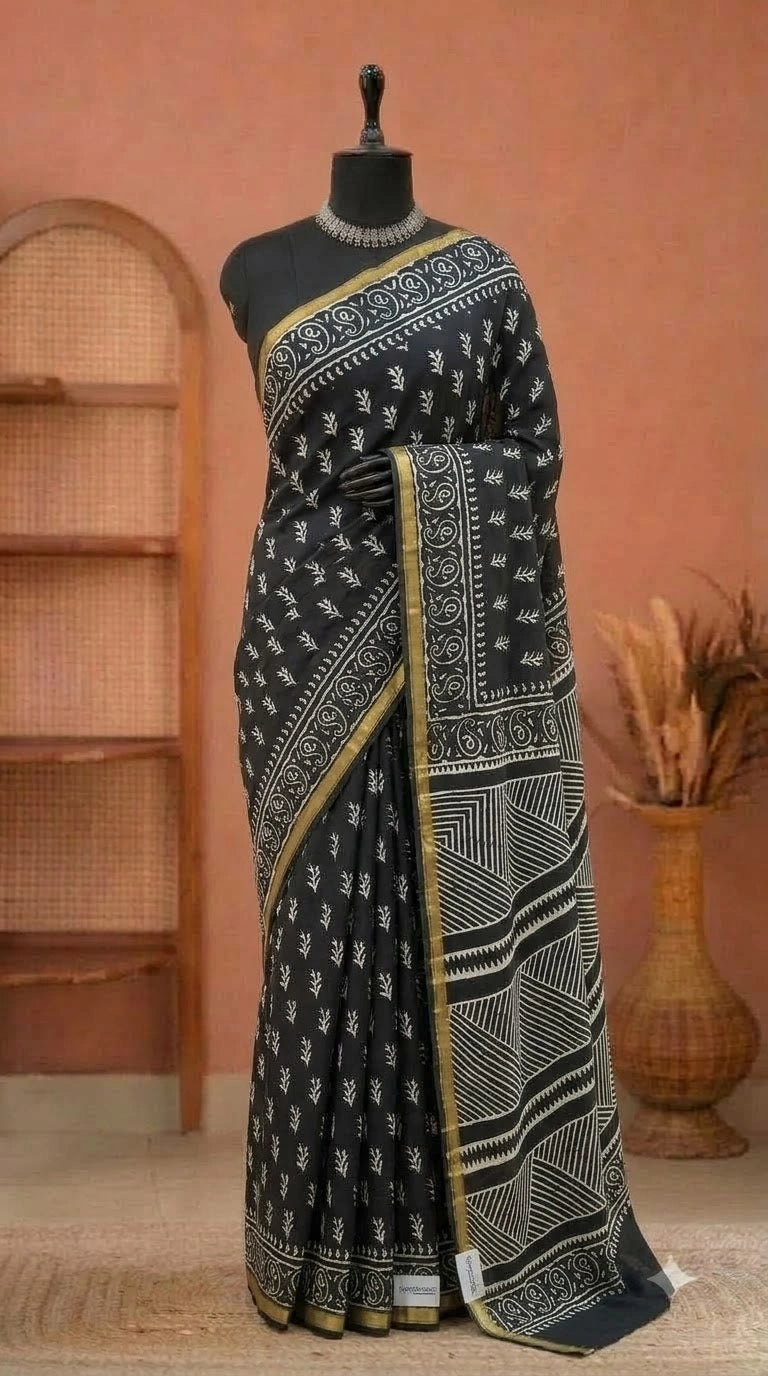 Black mulmul zari cotton saree 
