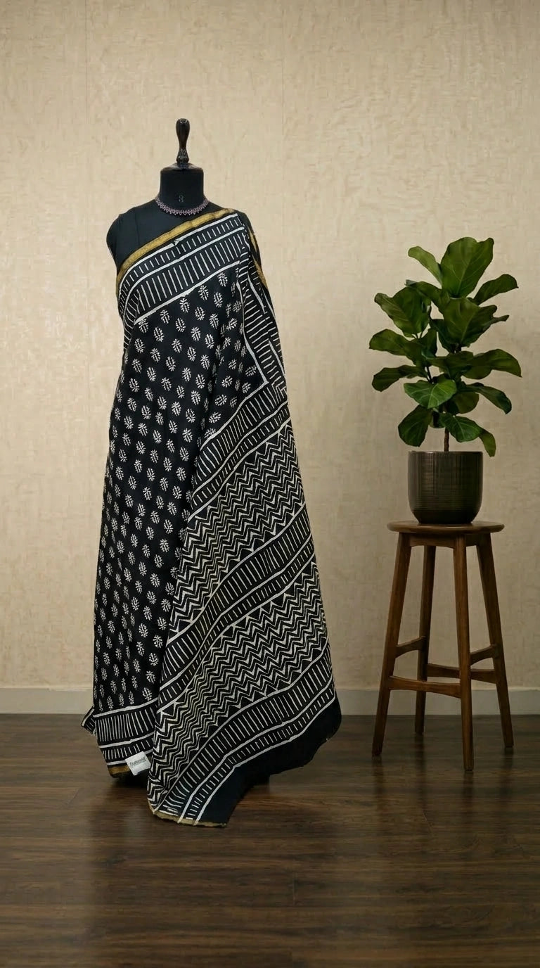 Black mulmul zari cotton saree
