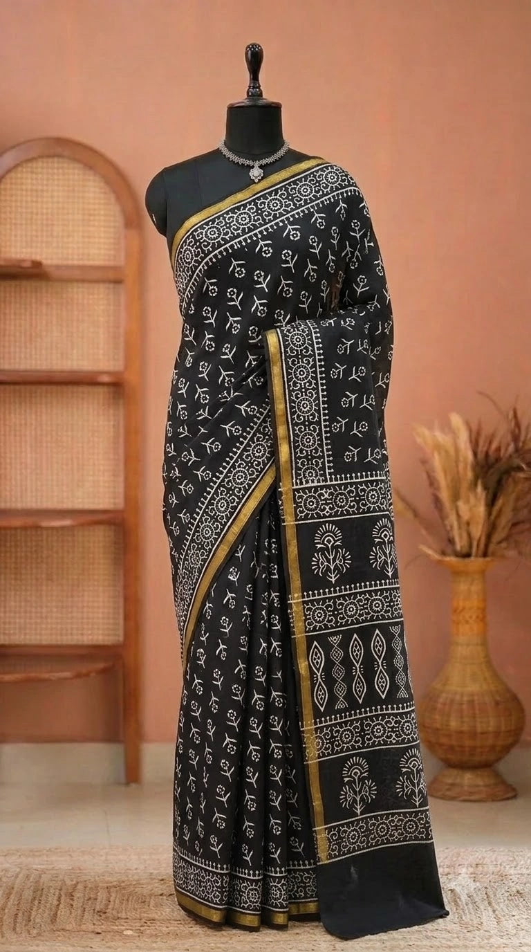 Black mulmul zari cotton saree 