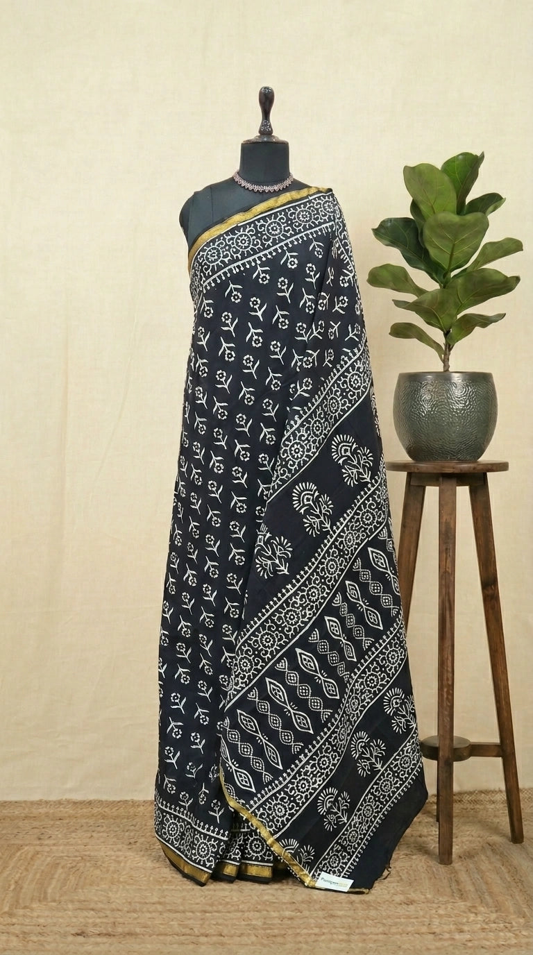 Black mulmul zari cotton saree